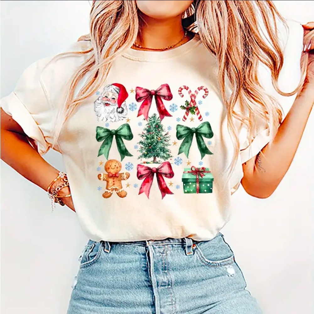 Christmas Graphic T-Shirt For Women Casual Crew Neck Apricot Color Size XL